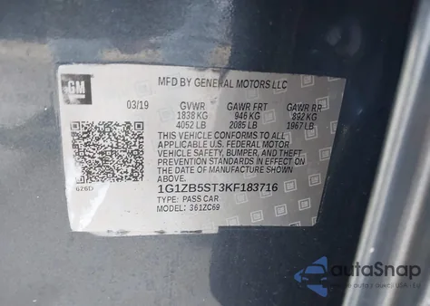 2019 Chevrolet Malibu 1Ls из США, поврежденный, VIN 1G1ZB5ST3KF183716